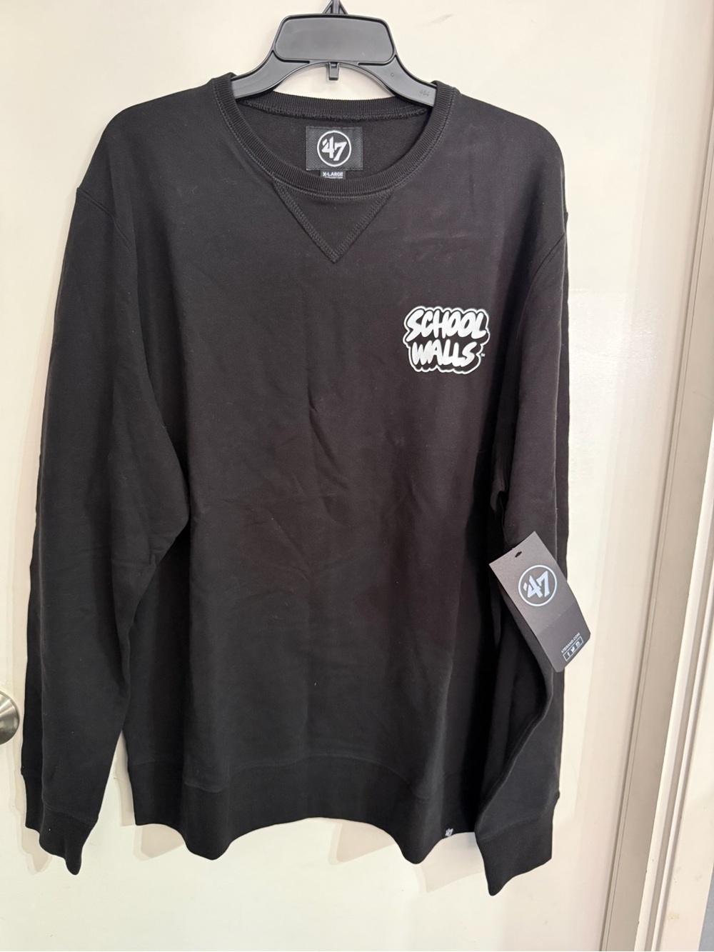 47 Black Crewneck with White "School Walls" Chest Graphic